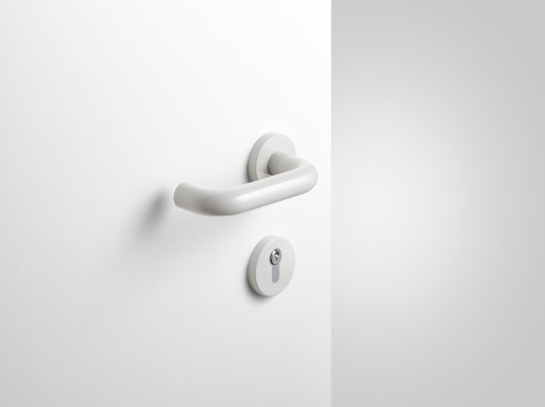 Lever handle with key rosette in light grey made of polyamide