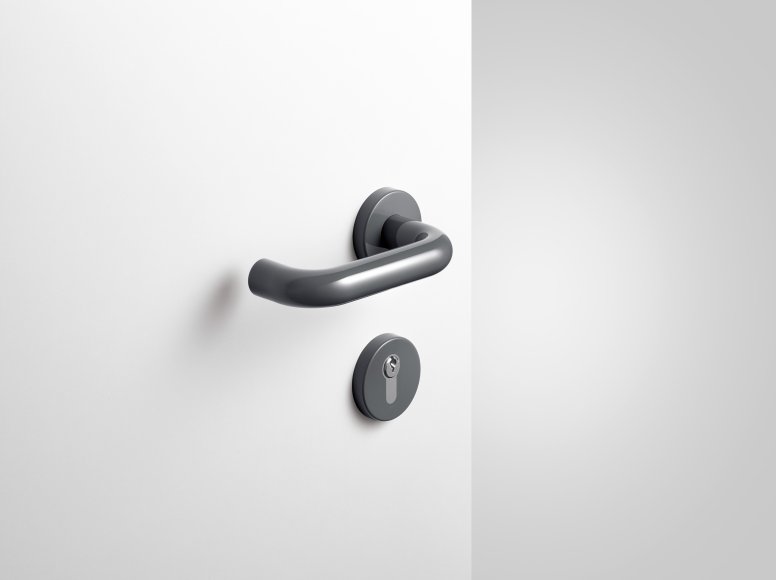 Lever handle with key rosette in anthracite grey made of polyamide