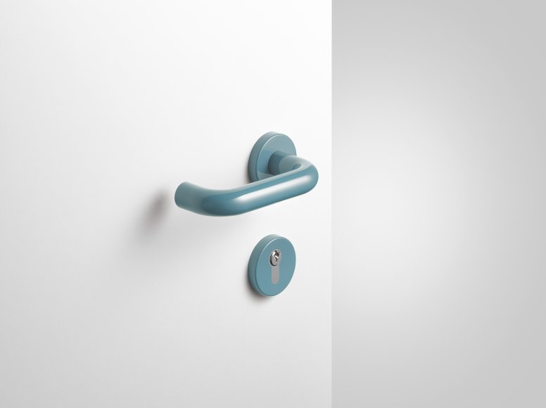 Lever handle with key rosette in the colour aqua made of polyamide