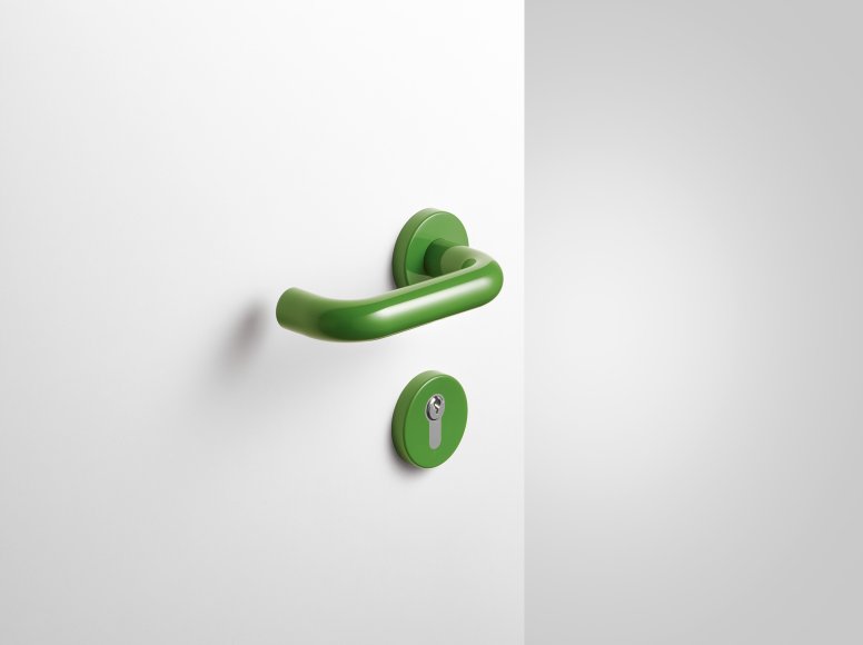 Lever handle with key rosette in the colour may green made of polyamide