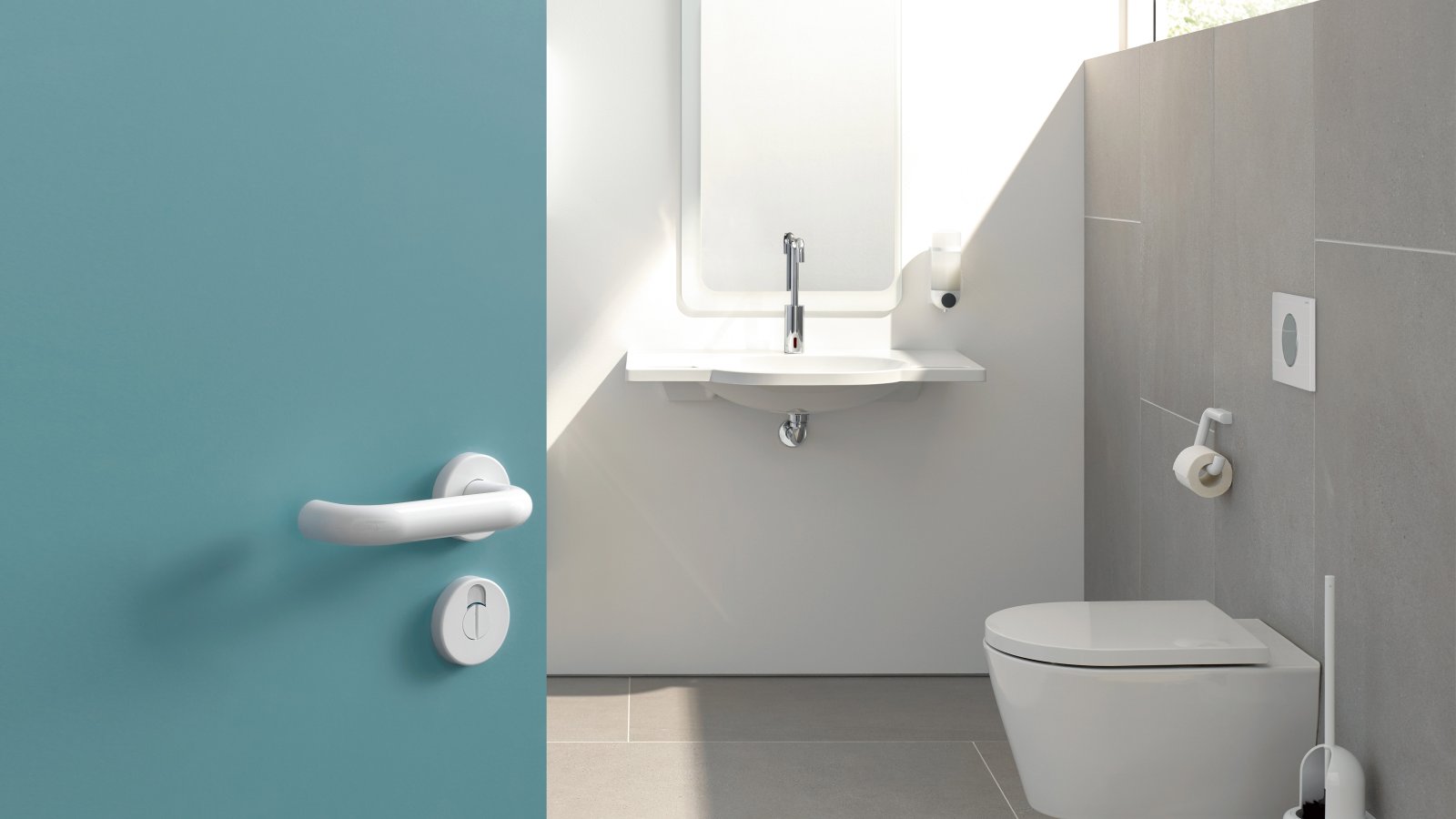 White lever handle on a blue door with a view into a bright small bathroom