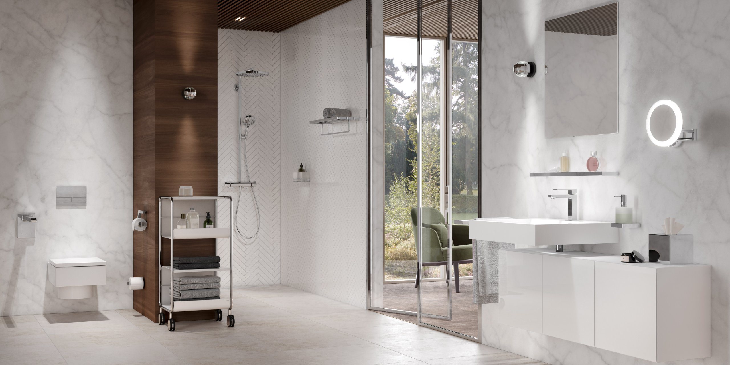 Interior bathroom with glass doors and chrome sanitary fittings
