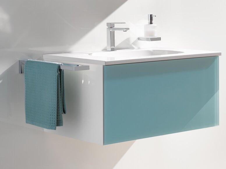 Mirror cabinet and washbasin in the colour aqua blue