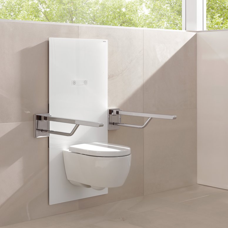 Height-adjustable WC module with folding support handle