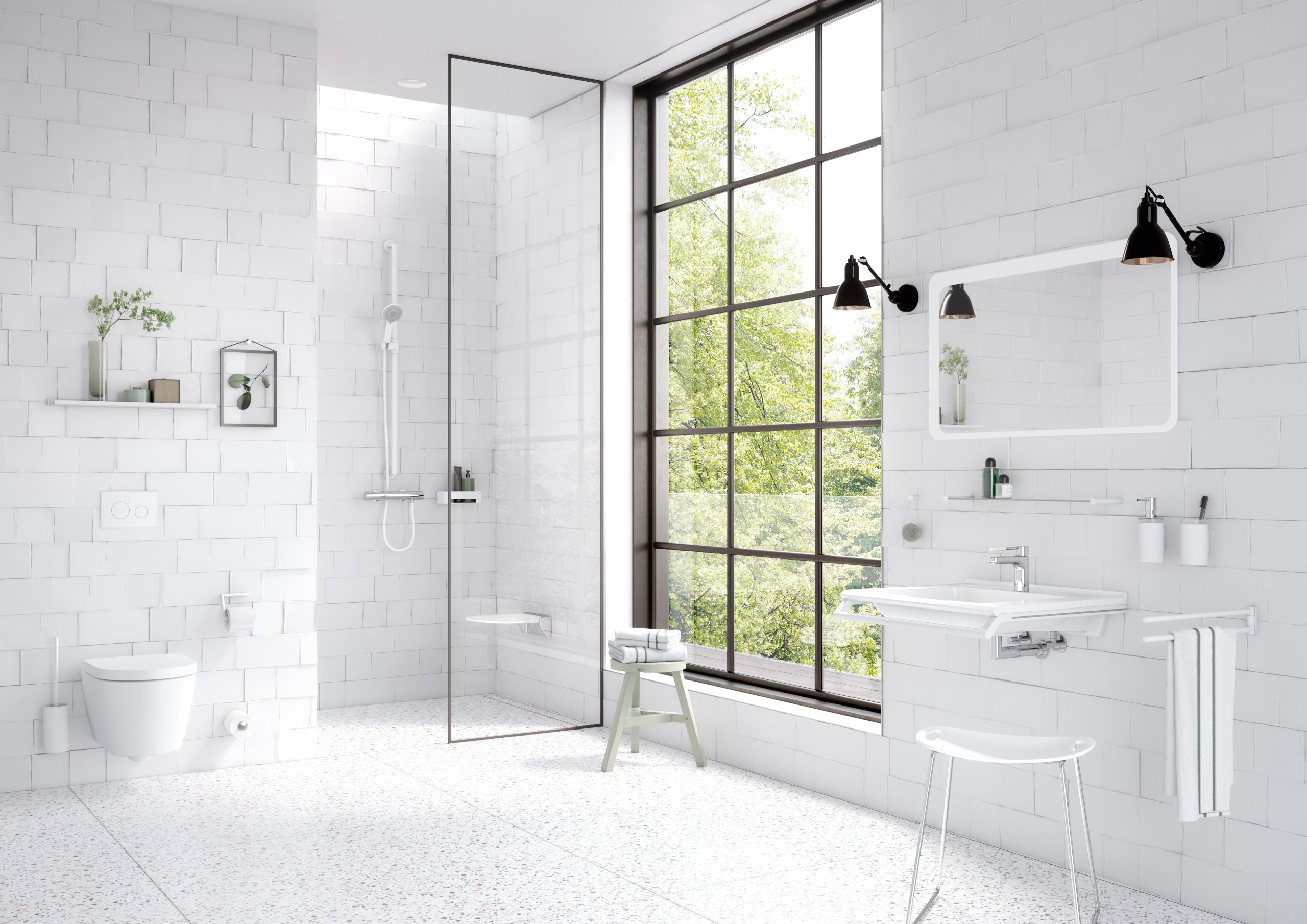 Bad, ausgestattet mit Sanitäraccessoires wie Handtuchhalter, Seifenspender, Toilettenpapierhalter in der Farbe Weiß matt