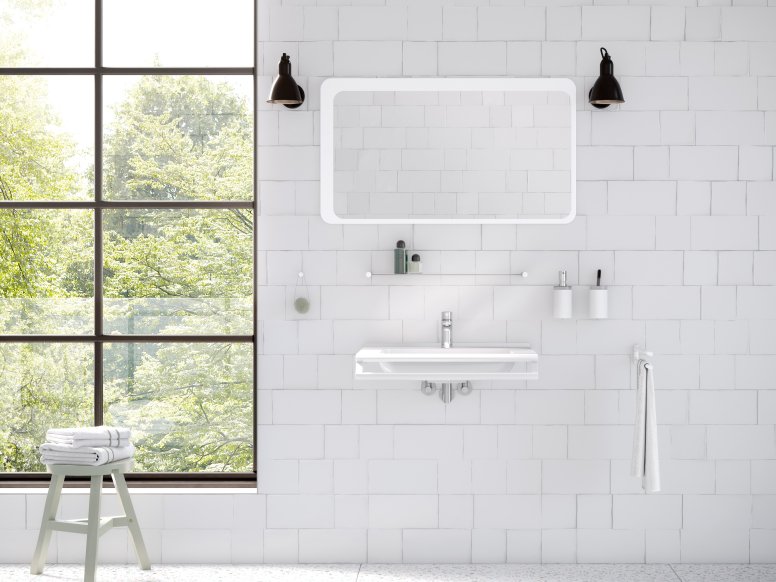 Modern washbasin situation with white matt sanitary accessories such as soap dispenser, towel rail and shelf