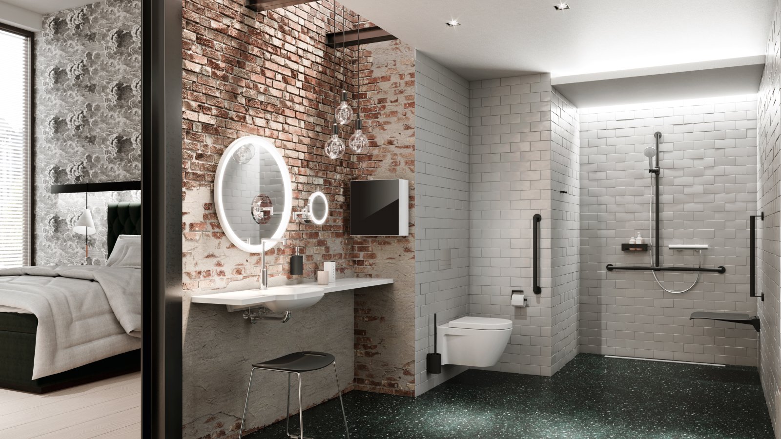 Barrier-free hotel bathroom with washbasin, shower area and WC