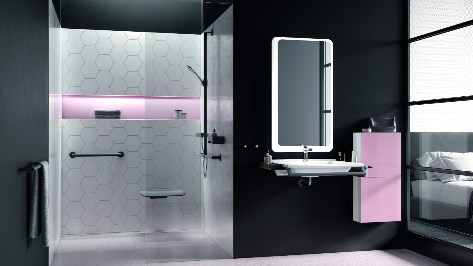 Modern hotel bathroom with barrier-free washbasin and shower area