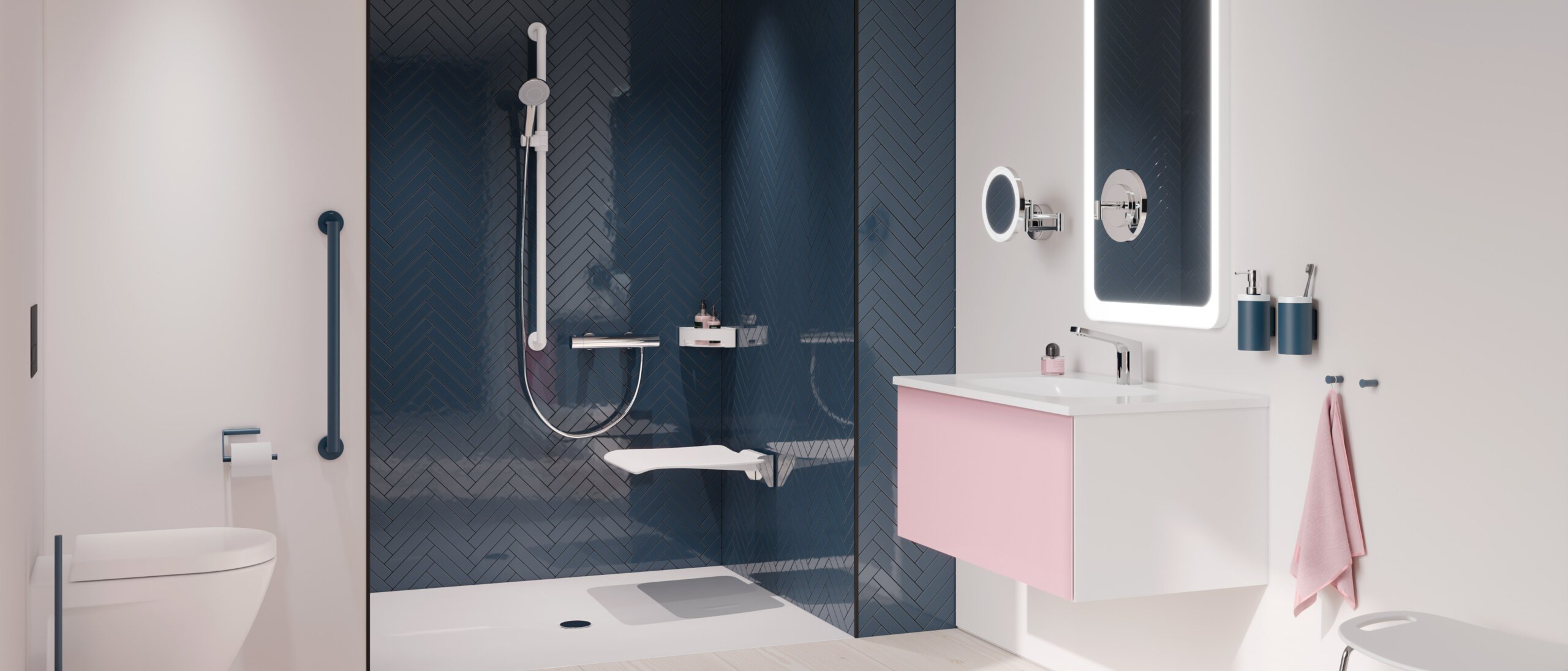 Age-appropriate bathroom equipped with blue matt sanitary accessories