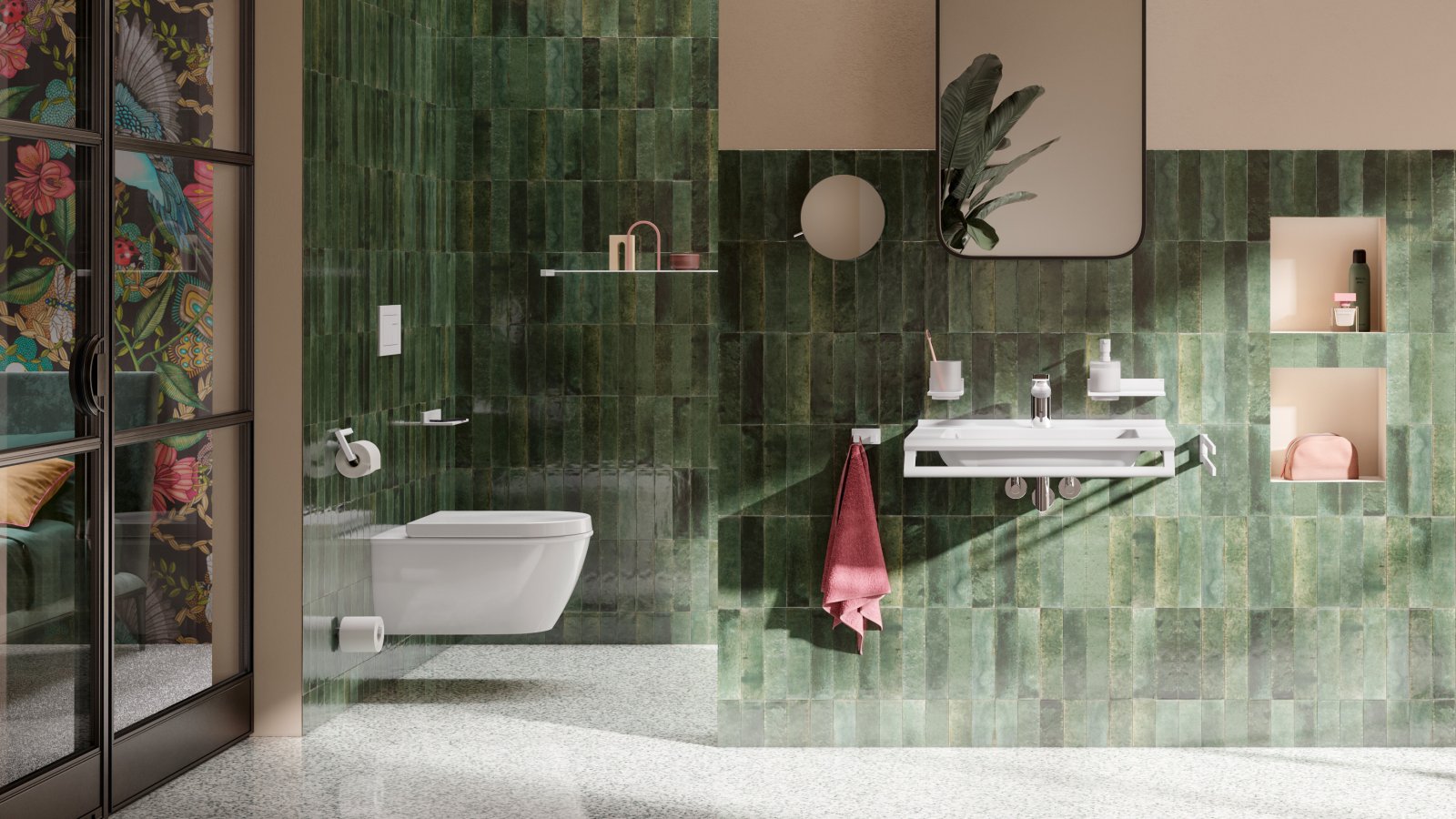 Bathroom with green tiles, WC area, shower area and washbasin, fitted with white sanitary accessories
