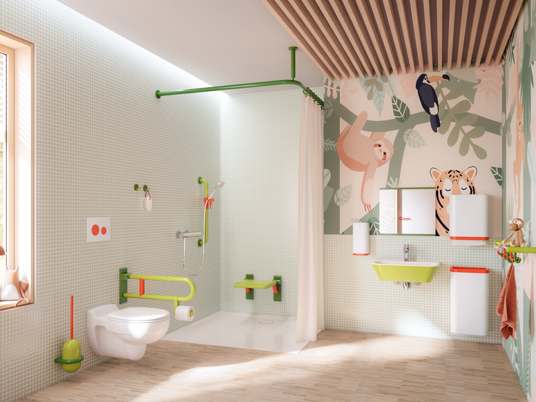Kindergarten bathroom with colourful sanitary equipment