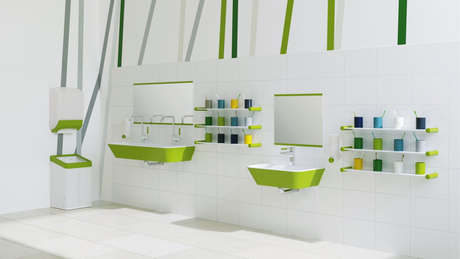 Child-friendly washbasin with green accents; two washbasins at different heights next to colourful toothbrush holders
