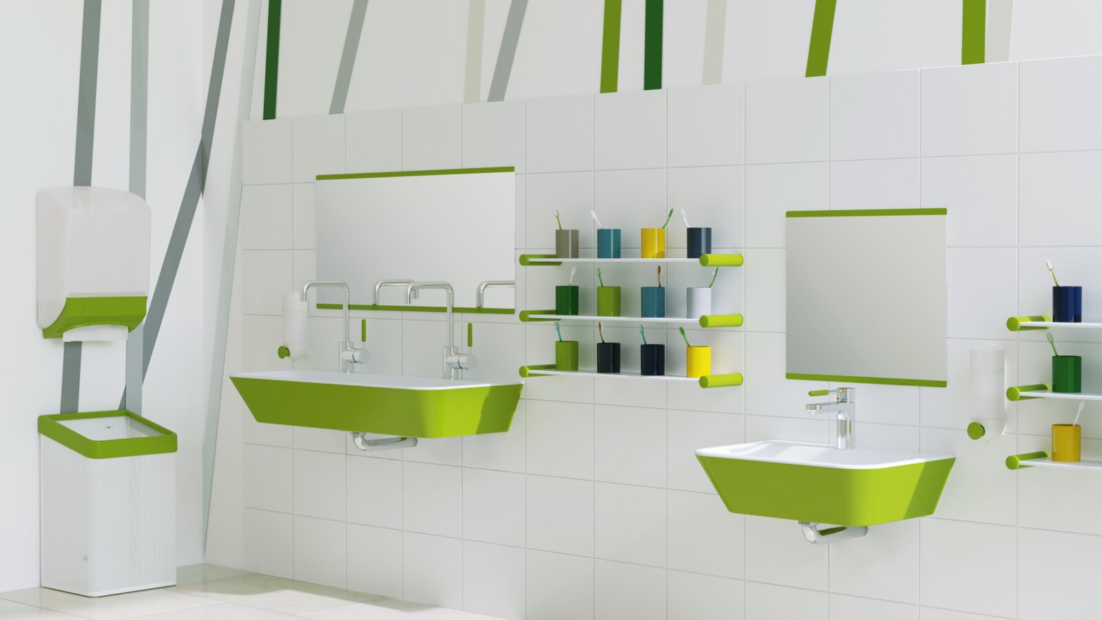 Child-friendly washbasin with green accents; two washbasins at different heights next to colourful toothbrush holders