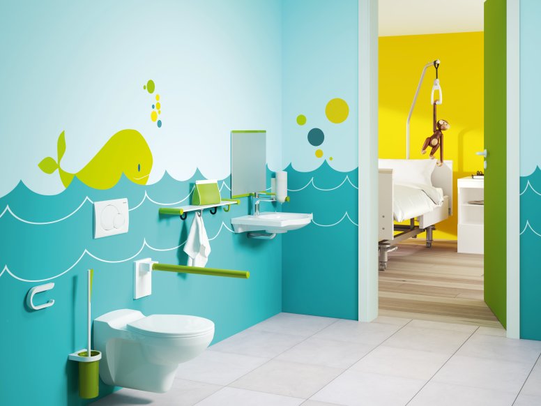 Barrier-free bathroom for children in blue-green