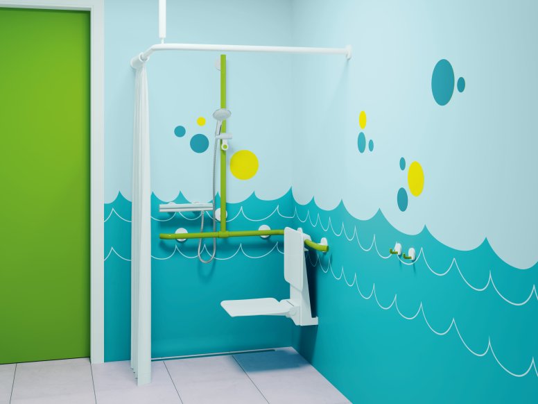 Barrier-free shower area for children in blue-green