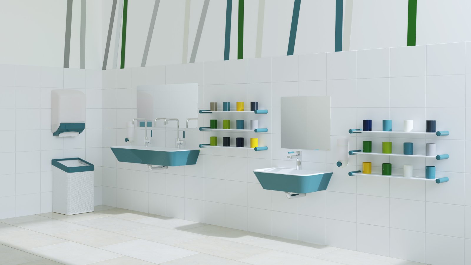 Two washbasins at different heights next to colourful toothbrush mugs