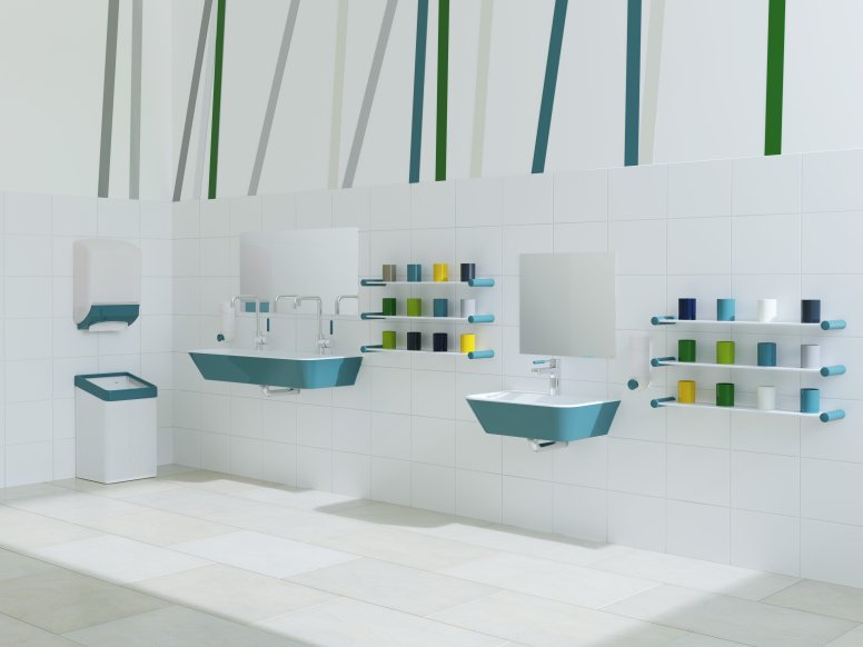 Two washbasins at different heights next to colourful toothbrush mugs