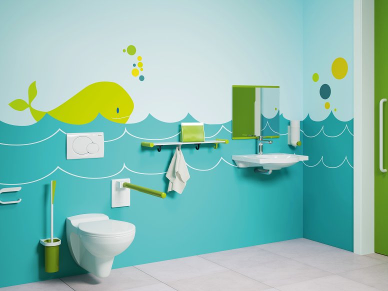 Barrier-free bathroom for children in blue-green