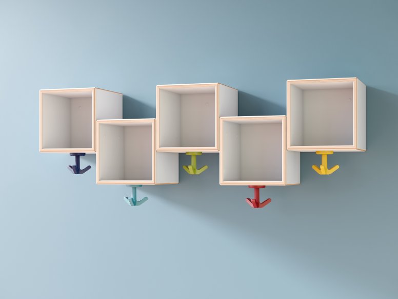 Wall-mounted boxes at different heights, to which colourful triple hooks are attached