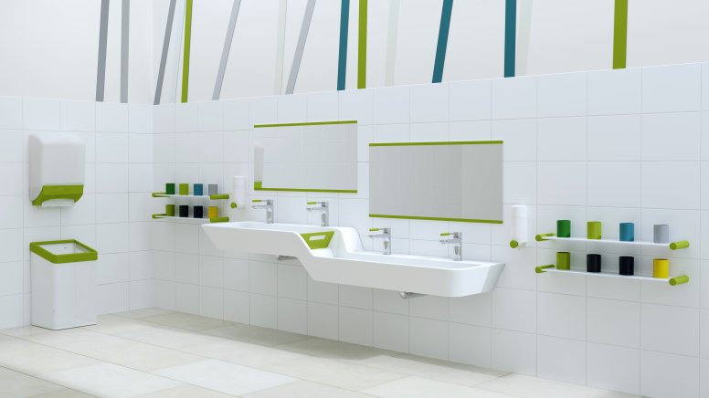 Child-friendly washbasin with green accents, washbasin with built-in height and depth adjustment next to colourful toothbrush tumbler strips