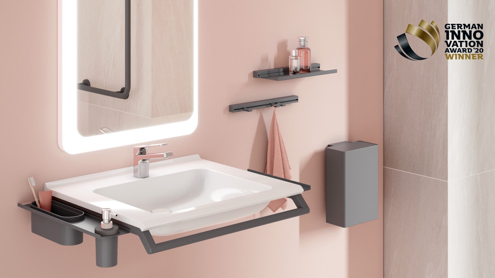 Modular washbasin with grab rail and shelves for bathroom utensils in matt dark grey stainless steel