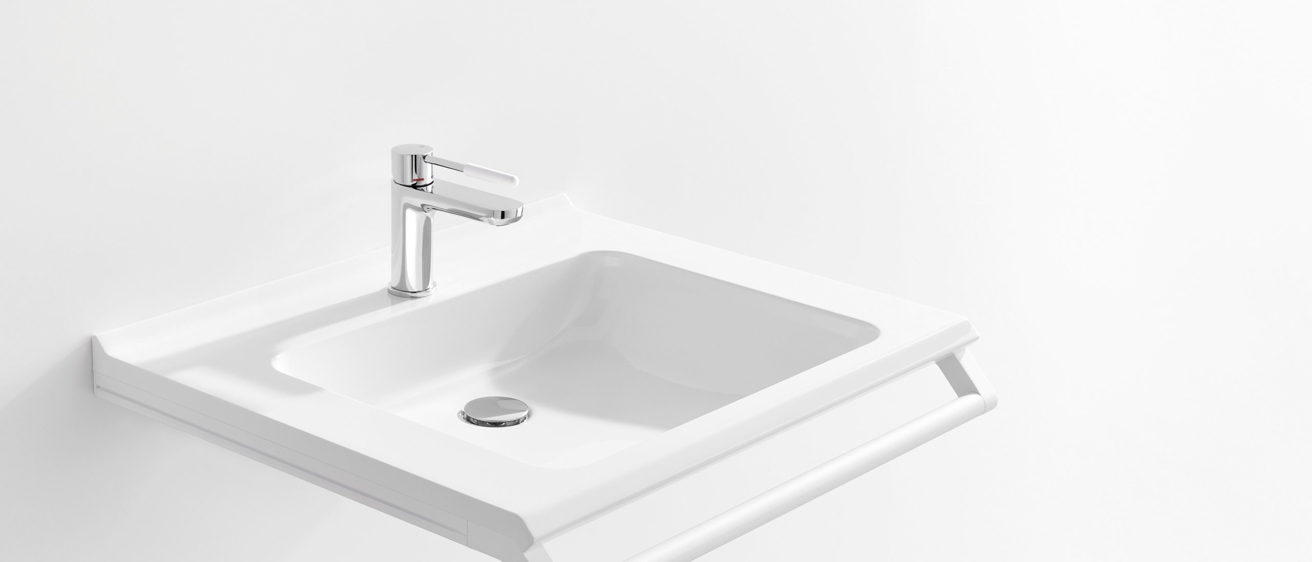 Barrier-free washbasin with grab rail in matt white stainless steel and chrome single-lever tap with white polyamide handle element