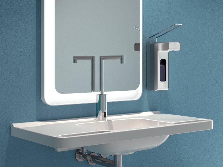 Barrier-free washbasin with soap or disinfectant dispenser made of stainless steel
