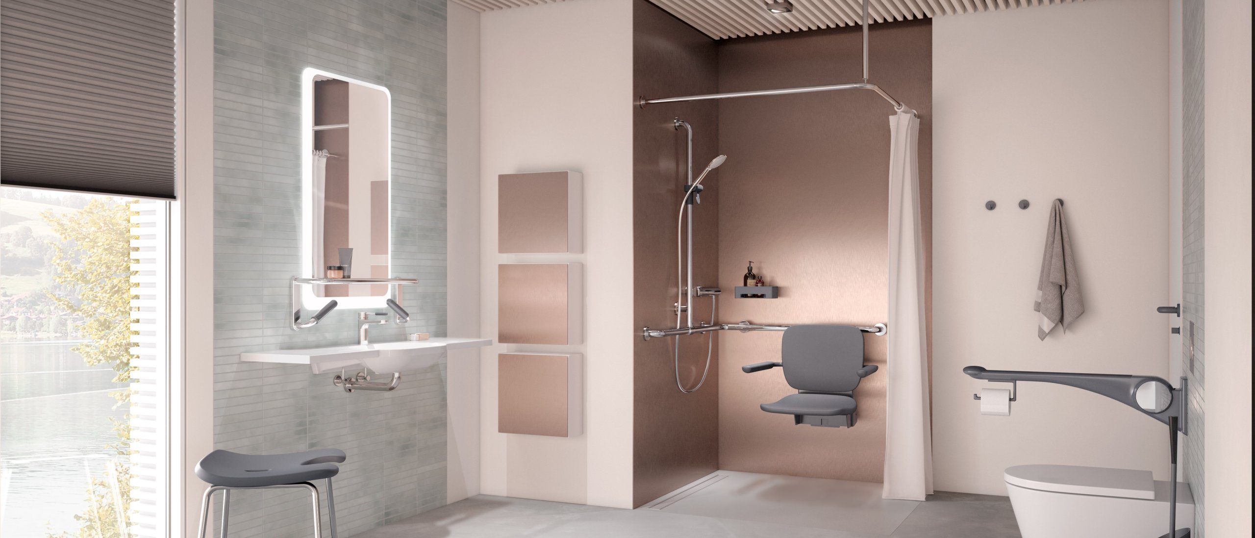 Barrier-free care bathroom with washbasin, shower area and WC