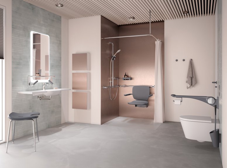 Barrier-free care bathroom with washbasin, shower area and WC