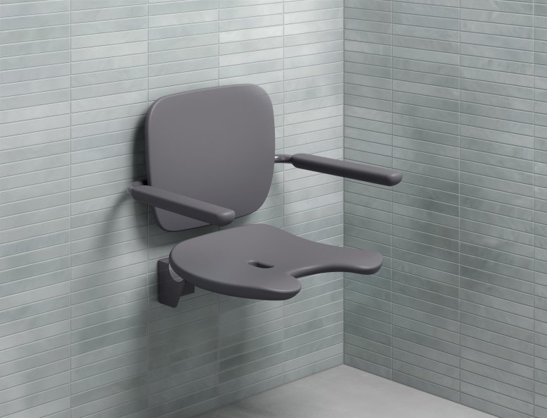 Shower seat with backrest and armrests in the colour anthracite made of hard foam