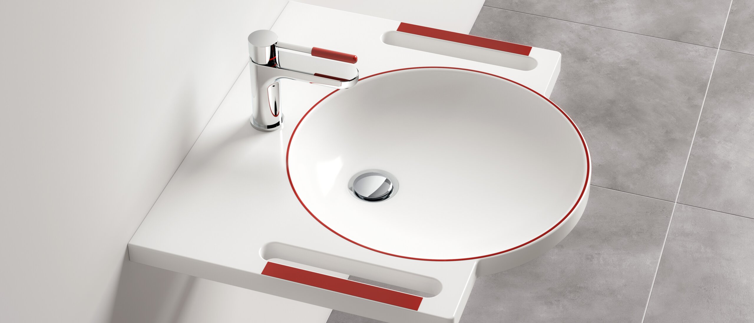Washbasin and tap with red contrasting colours for dementia patients