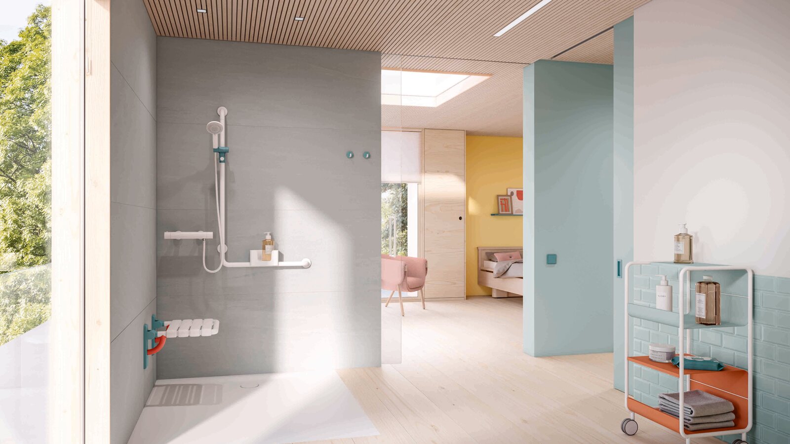 Barrier-free shower area in a patient room