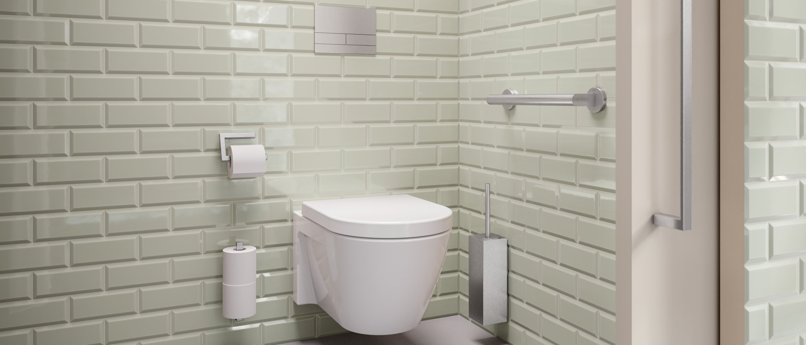 WC area equipped with toilet brush holder, toilet roll holder and grab rail in matt stainless steel