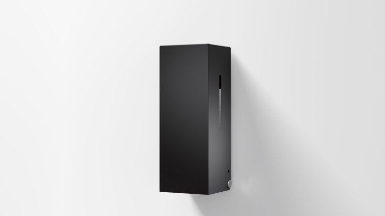 Touchless soap dispenser with angular design in matt black stainless steel