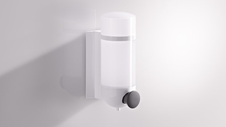 HEWI soap dispenser with cylindrical design in signal white made of polyamide and push button in anthracite