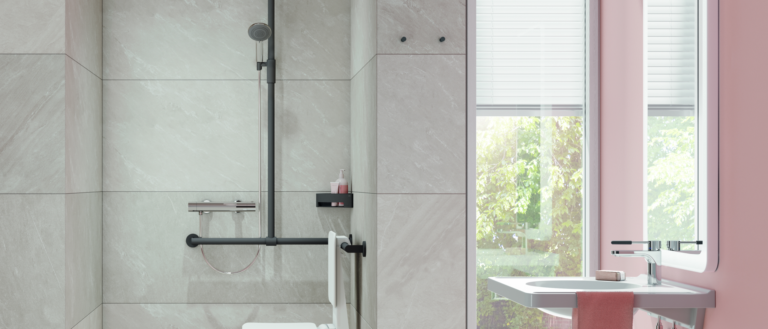 Shower area equipped with an infinitely adjustable magnetic shower holder