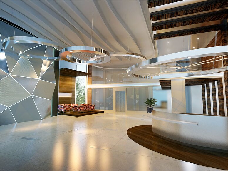 Hotel reception hall with impressive bar and large lamps