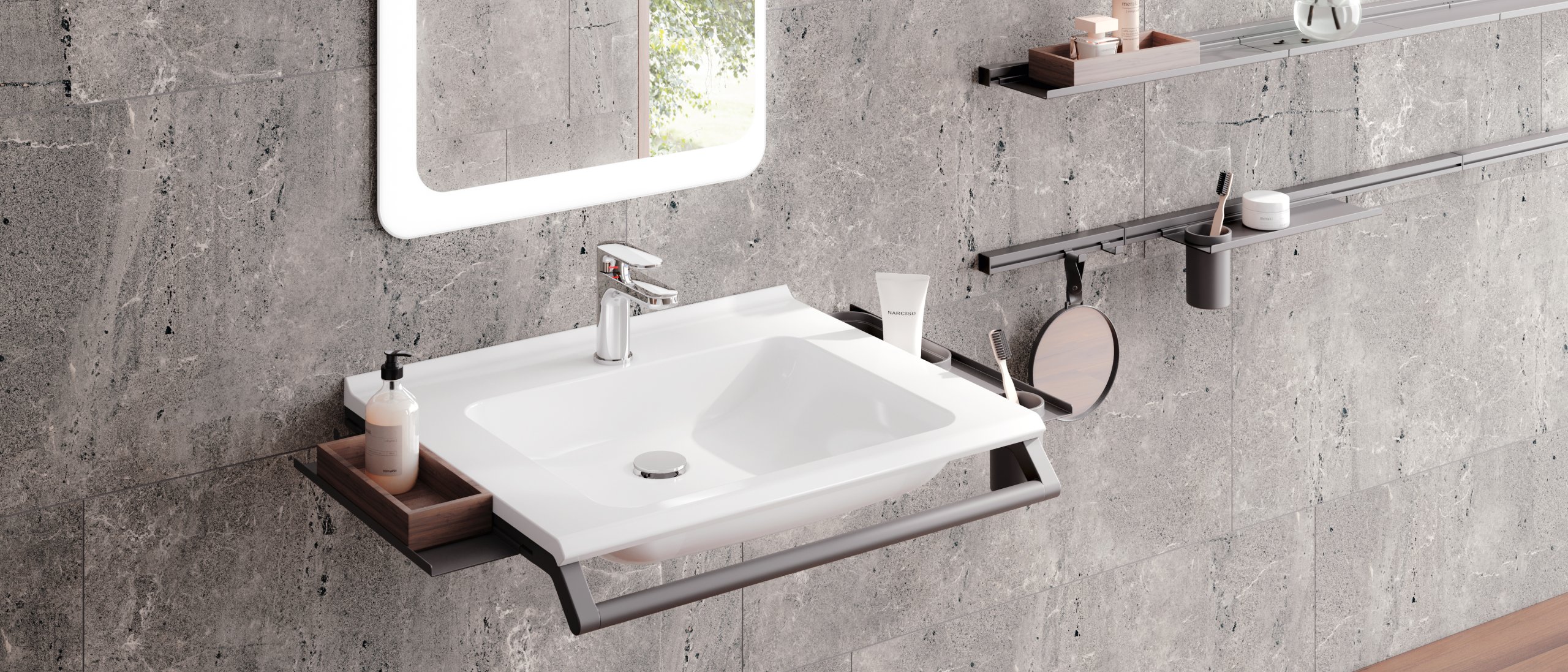 Modular washbasin with grab rail and shelves for bathroom utensils in dark grey matt stainless steel
