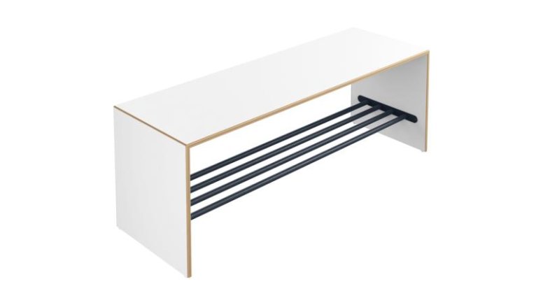 White wooden bench with tubular steel shoe rack underneath in matt anthracite colour